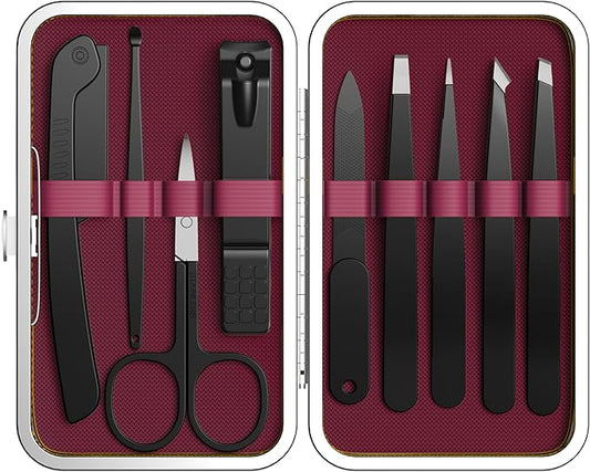 Yougai 9 Pcs Tweezers and Nail Clippers Set for Women Facial Hair with Travel Case, Professional Stainless Steel Eyebrow Tweezers Kit Great Precision Tweezers for Daily Beauty Tool