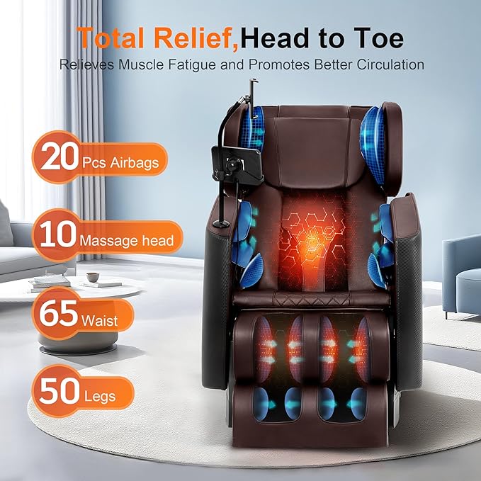 2025 Massage Chair Full Body, Zero Gravity Shiatsu Massage Recliner Chair, 10 Fixed Rollers, Waist and Foot Heating, 6 Auto Mode, Touch Screen Controller, Gift for Family (Brown)