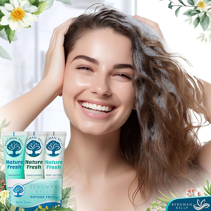 BERGMAN KELLY Hotel Toiletries Bundle (Nature Fresh, 1 oz each, 200 Pieces) 4-Piece Set: 50 Rectangular Bar Soap, 50 Shampoo, 50 Conditioner & 50 Body Lotion - Bulk Mini Guest Amenities