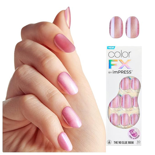 KISS colorFX by imPRESS Press On Nails , ‘Starry’, Solid Light Pink with Pearlescent Finish, Short Oval, IMPROVED adhesive, Includes 30 Fake Nails, Prep Pad, 1 Manicure Stick, 1 Mini Nail File