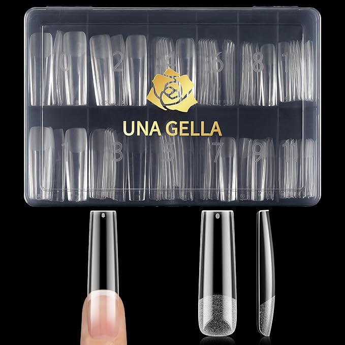 UNA GELLA Extra Long Tapered Sqaure Nail Tips, No C Curve Pre-file 120Pcs Square Press on Nails XXL Long Square Gel Nail Tips Full Cover Acrylic Straight for Nails Extension Art DIY Salon 12 Sizes