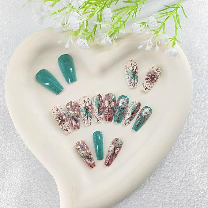 24Pcs Press on Nails Coffin Medium Fake Nails Fall Flower Designs Glossy Green Brown Nail Press ons Artificial Glue on Nails Feathered Stick on Nails Butterfly Pattern Art for Women Winter Manicure