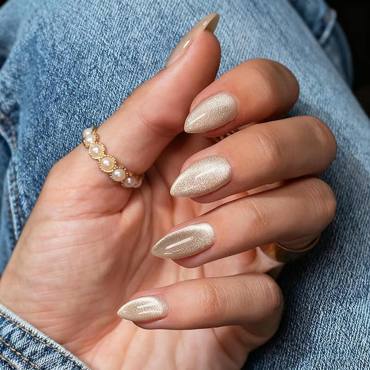 KQueenest Press On Nails Short - Beige White Press On Nails Almond Shape, Natural Glitter Cat Eye Fake Nails with Nail Glue, Reusable Cute Bright Gel Glue On Nails with Color-Shifting Glow, 30 Pcs