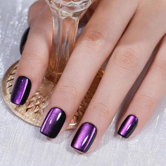 Cat Eye Press on Nails Short, Jofay Fashion Stylish Purple Square Press on Nails, Soft Gel Fake Nails, Reusable & Natural Acrylic False Nails, Stick on Nails for Women Gift, Glue on Nails Kit 32 Pcs
