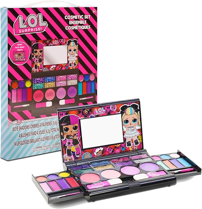 LOL Surprise Cosmetic Compact Set Includes Mirror, 14 Lip glosses, 8 Eye Shadow, 4 Blushes & 4 Brushes Safe & Non-Toxic Colorful Portable Foldable Makeup Beauty Kit for Girls, Townley Girl