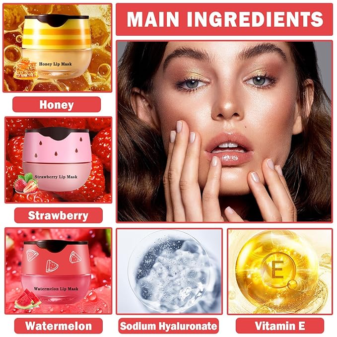 3PCS Bee Lip Balm Honey Pot Honey Strawberry Watermelon Lip Balm Sleeping Lip Mask Silky Hydrating Bee Lip Balm Honey Lip Mask Overnight Lip Care Products(Honey+Strawberry+Watermelon)