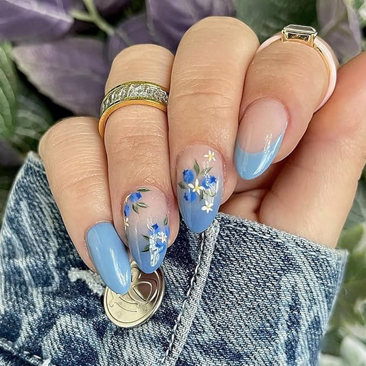 24Pcs Blue Press on Nails Medium Almond Nails French Tip Fake Nails with Floral Spring Summer False Nails Gradient Designs Glue on Nails Blue Flower Acrylic Nails Full Cover Nail Tips for Women