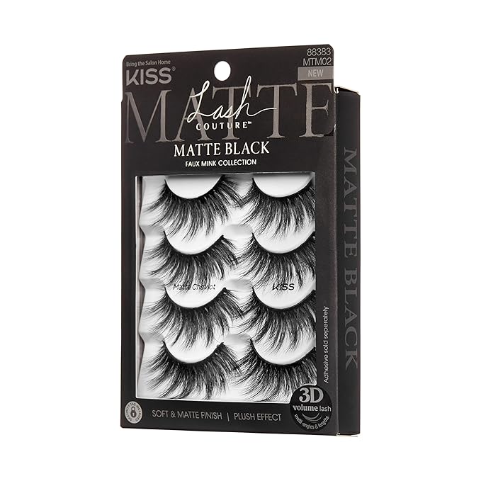 KISS Lash Couture Matte Black Faux Mink Eyelashes Multipack, Matte Cheviot, Black, Natural Looking, Cruelty-Free & Vegan, Holds Curl, Comfortable, Seamless, Knot-Free Band | 4 Pairs