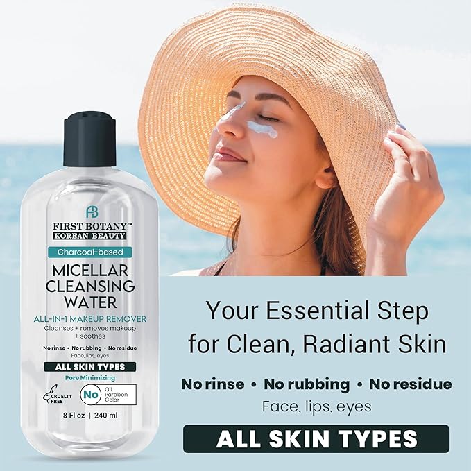 Korean Micellar Water Makeup Remover - Charcoal Hydrating Toner and Cleanser, Pore Cleansing,Oil-Free, Gentle for All Skin Types 8 oz,