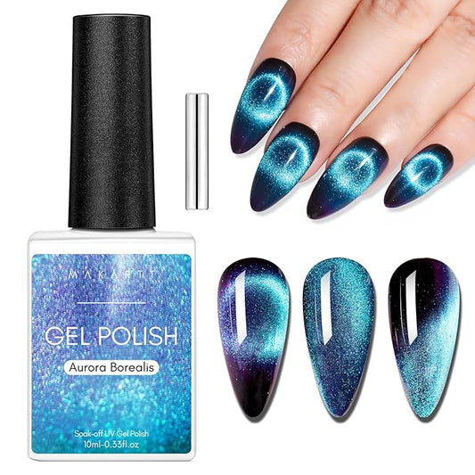 Makartt Blue Cat Eye Gel Nail Polish: Magnetic Glitter Gel Polish Soak-Off UV/LED with Aurora Effect, Long-Lasting Black Hole Shine, Comes with Magnet Stick Salon Home Nail Art 10ml