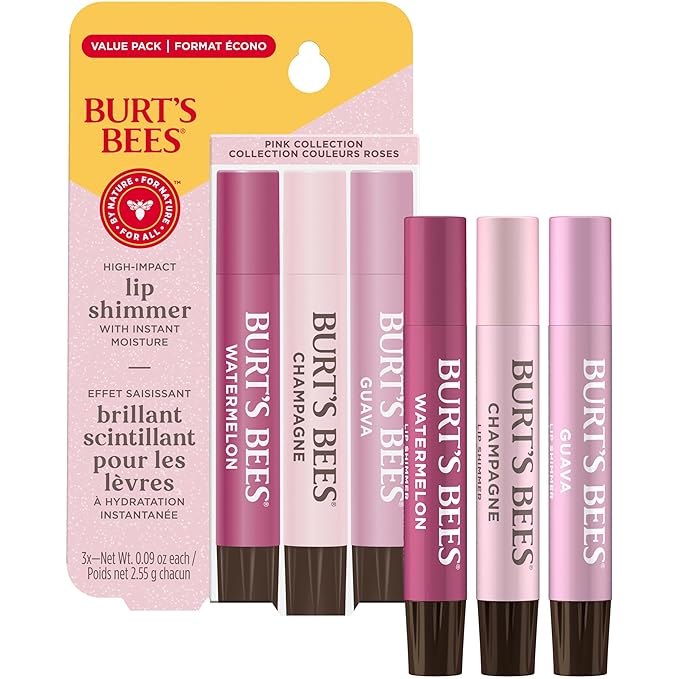 Burt's Bees Lip Shimmer Pink Collection, Tinted Lip Balm Stick, Moisturizing for All Day Hydration with Natural Glowy Pigmented Finish & Buildable Color, 3 Shades; Value Pack, 3 Tubes x 0.09 Oz