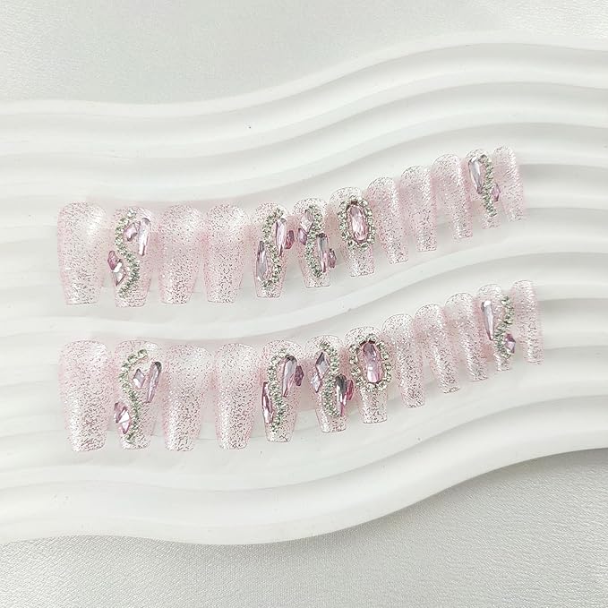 5D Decorate Press on Nails Medium Fake Nails Coffin 24Pcs Transparent Acrylir for Women Nail Press ons Gem Rhinestones Glue on Nails with Glitter Designs Pink Stick on Nails for Women Art Manicure