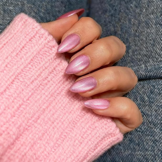 KQueenest Press On Nails Short - Light Baby Pink Press On Nails Almond Shape, Glitter Cat Eye Fake Nails with Nail Glue, Reusable Cute Bright Gel Glue On Nails with Color-Shifting Glow, 30 Pcs