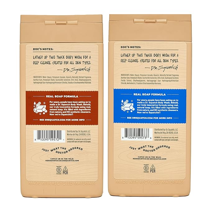 Dr. Squatch NEW Body Wash for Men with Nourishing, Natural Ingredients | No Paraben, Phthalate, Sulfate | All Day Moisture | Long Lasting Scent | Wood Barrel Bourbon & Fresh Falls (14 oz, 2-Pack)