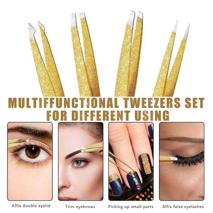 Eyebrow Tweezer Set, 4 Pcs Professional Stainless Steel Tweezers for Women, Precision Tweezer for Facial Hair, Splinter and Ingrown Hair Removal（Glod）