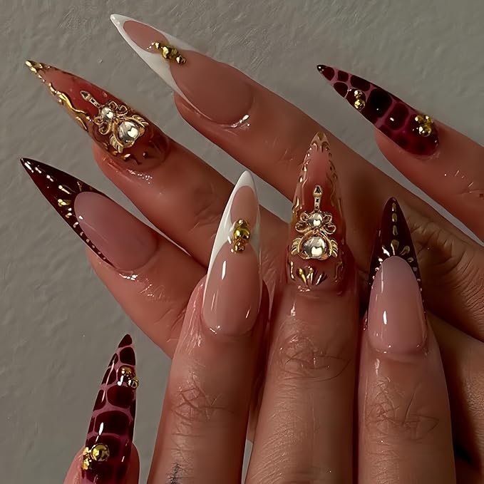 Long Press on Nails Almond Fake Nails with Gold Detail Nude and Burgundy French Manicure Stick on Nail for Women 24pcs