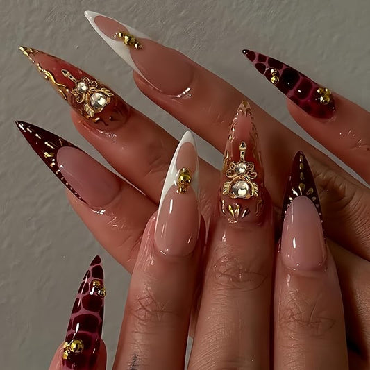 Long Press on Nails Almond Fake Nails with Gold Detail Nude and Burgundy French Manicure Stick on Nail for Women 24pcs