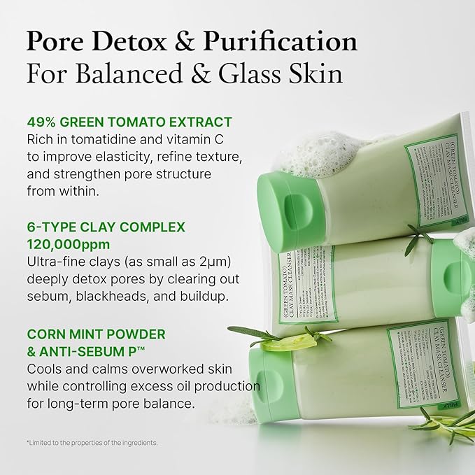 FULLY Green Tomato Pore Detox Clay Mask Cleanser, Pore Minimizing, Blackhead Care, Sebum Control, Exfoliation, Vegan, Face Wash, Sensitive Skin, Korean Skincare 4.05 fl.oz