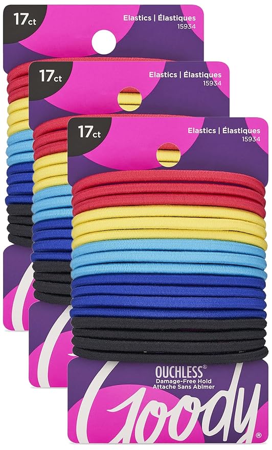 Goody Ouchless Elastic Hair Tie - 17 Count, Assorted Colors - 4MM for Medium Hair - Pain-Free Hair Accessories for Men, Women, Boys, and Girls - Perfect for Long Lasting Braids, Ponytails, (Pack of 3)