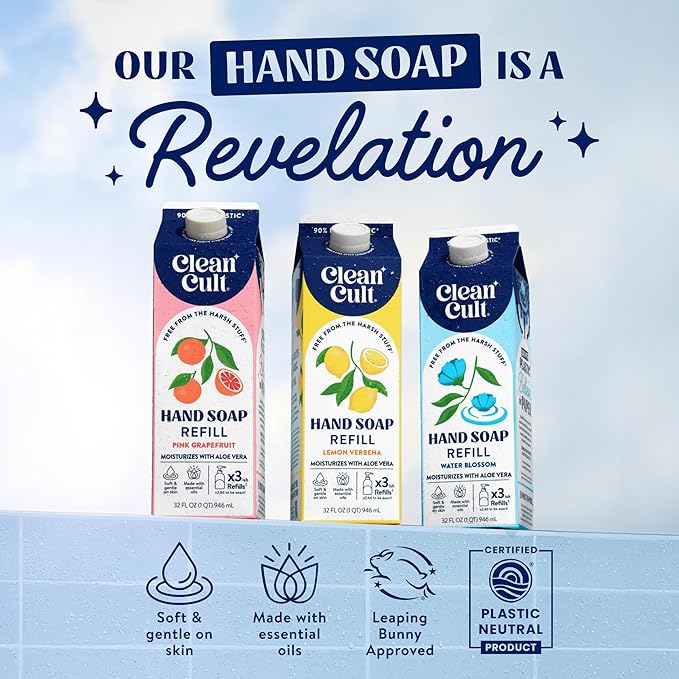 Cleancult - Liquid Hand Soap Refills - Sea Minerals - Gentle On Sensitive Skin - Made with Aloe Vera & Essential Oils - Eco Friendly - Paper-Based Packaging - 32 oz/3 Pack
