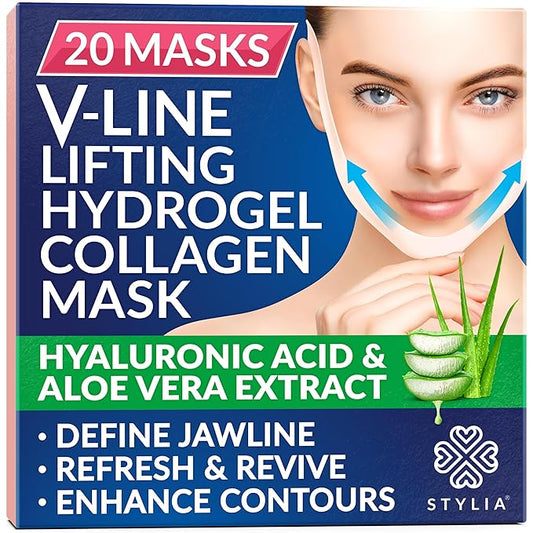 Stylia V Line Lifting Collagen Face Mask - Double Chin Strap for Women - Jawline Shaper Face Lift Tape - Neck Lift Collagen Mask - Chin Strap for Sleeping - Hyaluronic Acid, Aloe Vera, Cica 20PC