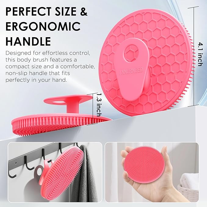 INNERNEED Food-Grade Silicone Body Scrubber Gentle Cleansing Brush with Exfoliating Net Sponge Bath Scrubbing Washcloth Case, More Hygienic and Well Lather (Pink Set)