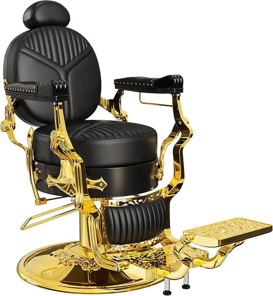Baasha Elegant Black & Gold Barber Chair, Reclining Salon Chair with Plush Cushion & Adjustable Headrest, Heavy-Duty Structure for Tattoo & Hair Studios, 550 lbs