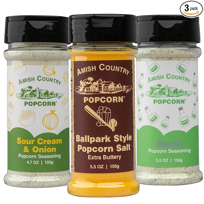 Amish Country Popcorn | Seasoning Variety Pack | Ballpark Style ButterSalt - 5.5 oz, Ranch - 5.5 oz & Sour Cream and Onion - 4.7 oz Popcorn Seasoning | Old Fashioned, Non-GMO and Gluten Free