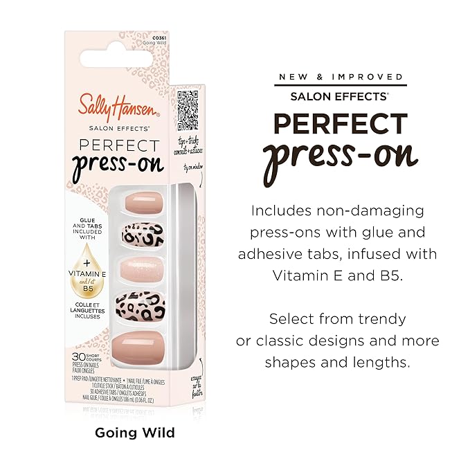 Sally Hansen Salon Effects Perfect Press-On Nails | Coffin Shape | Easy to Apply, Non-Damaging | 30 Nails, Nail Glue, Adhesive Tabs, File | Going Wild