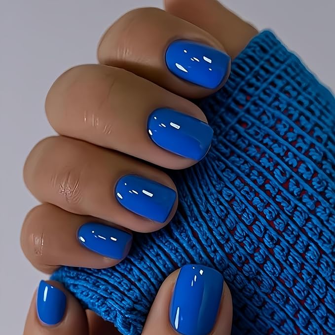 KQueenest Royal Blue Square Press on Nails Short, Gel Fake Nails Short Coffin, Pure Color Natural Small Nails Press on, Solid Stick on Nails for Women Daily Office Manicure