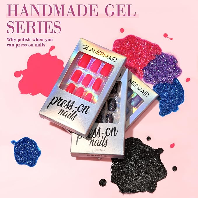 GLAMERMAID Dark Red Press on Nails Extra Short Square, Winter Handmade Jelly Soft Gel on Nails Burgundy Fake Nails, Glossy Red Stick Glue on Nail Reusable Acrylic False Nails Manicure Kits for Women