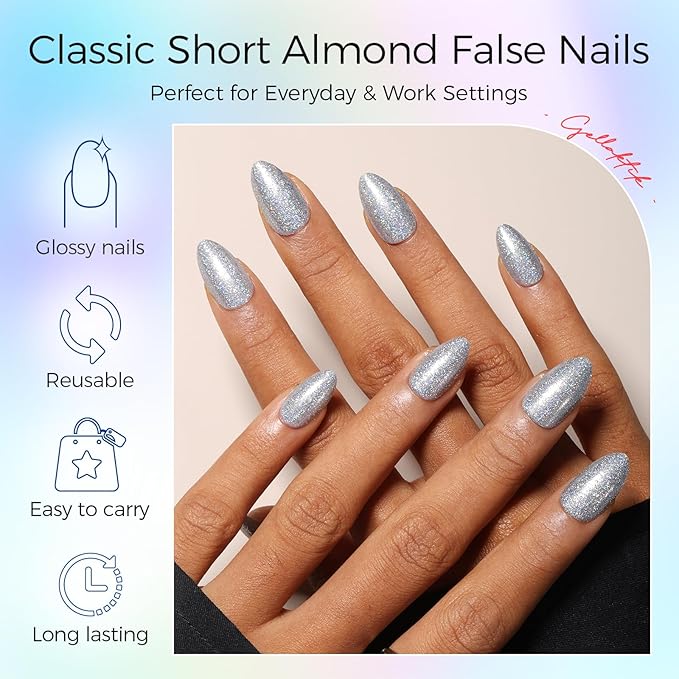 Press on Nails Kit 576 Pcs 24 Colors, Short Almond Glossy French Glitter Color Nail Tips With Nail Glue & Nail Tabs Stickers,Natural Fit Lightweight Nail Art for Women Girls
