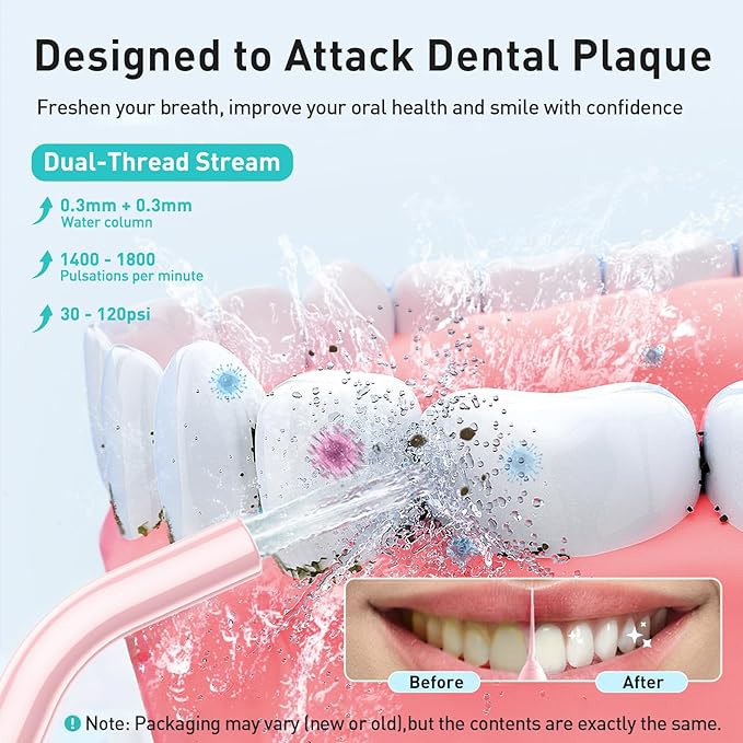 COSLUS Water Dental Flosser Teeth Pick: Portable Cordless Oral Irrigator 300ML Rechargeable Travel Irrigation Cleaner IPX7 Waterproof Electric Flossing Machine for Teeth Cleaning C20(F5020E) Pink