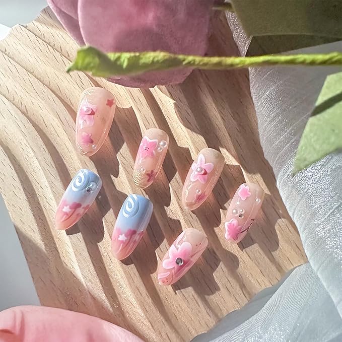 30Pcs Pink Almond Press On Nails with 3D Pearl Rhinestones, ABS Acrylic Material, Full Cover Nail, Modern Style, Multicolor Pattern, Glossy Finish, 1 Set of 30 Pieces