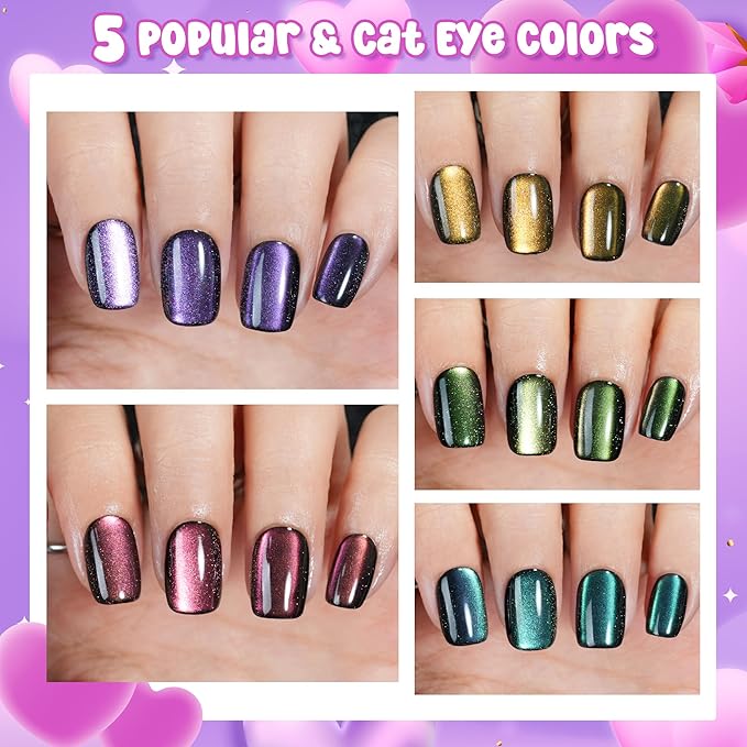 Press on Nails Short Square - Cat Eye Press on Nails, 5 Styles Soft Gel x Coat Nails False Nails, Bt Art Box Press On Nails in 16 Sizes -160PCS Soft Gel Fake Nails Kit