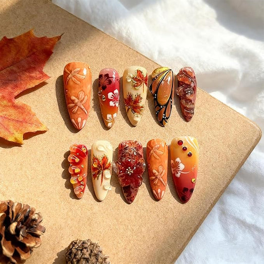 30Pcs Fall Press on Nails Medium Almond Fake Nails Autumn Acrylic Nail with Maple Leaves,Dragonfly,Flower＆Butterfly Design Sparkly Rhinestones Thanksgiving False Nail Reusable Glue on Nails for Women