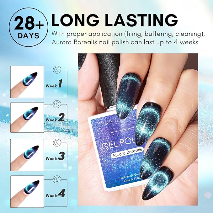 Makartt Blue Cat Eye Gel Nail Polish: Magnetic Glitter Gel Polish Soak-Off UV/LED with Aurora Effect, Long-Lasting Black Hole Shine, Comes with Magnet Stick Salon Home Nail Art 10ml
