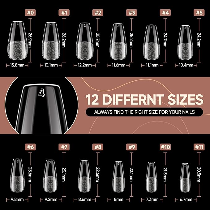 UNA GELLA Medium Coffin Nails Tips 504pcs - Gel Nail Tips Coffin Acrylic Full Cover Pre-buff Soft Gel Nail Tips Half Matte For Nail Extension Home DIY Salon 12 Sizes