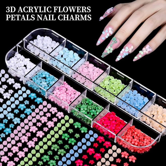 FANDAMEI Nail Charms, 8-Box Nail Charms and Gems, Fruit Bow Hawaii Flowers Petals 3D Nail Art Charms Bulk, Charms Y2K for Nails, Colorful Bubble Beads Nail Rhinestones, Gold Studs Nail Pearls for DIY
