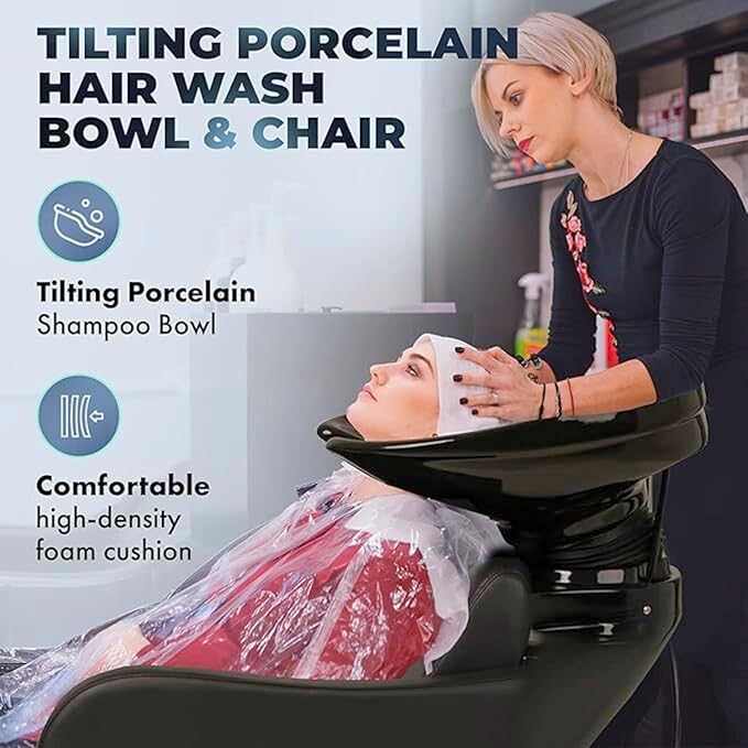 Buy-Rite Lexus Backwash Unit – Salon Shampoo Chair with Tilting Black Porcelain Bowl, Extra Wide Seat, Kick-Out Leg Rest, Neck Rest & Single Handle Faucet – Professional Backwash Station – TS-8018B