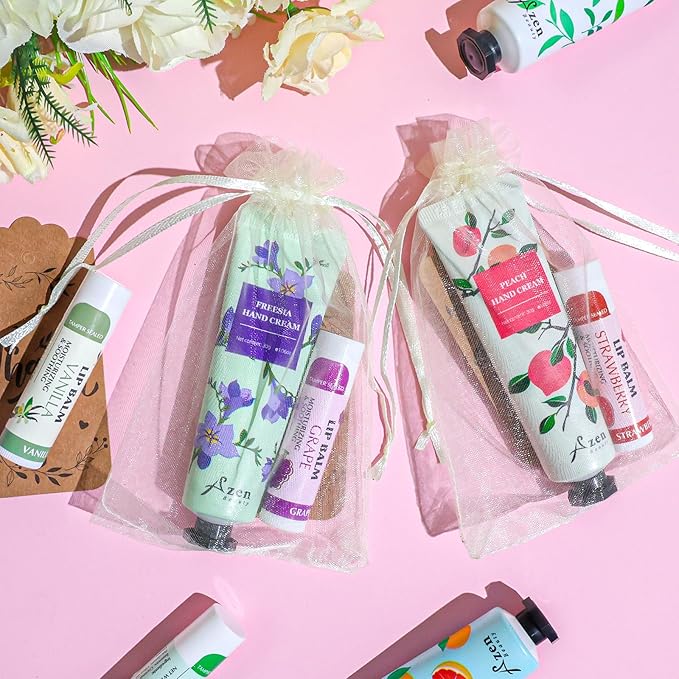 AZEN 8 Sets Bulk Gifts, Hand Cream and Lip Balm Bulk Set with Organza Bag Thank You Card, Baby Shower Wedding Gifts for Guests, Bridal Wedding Favors for Guests,Thank You Gifts for Women