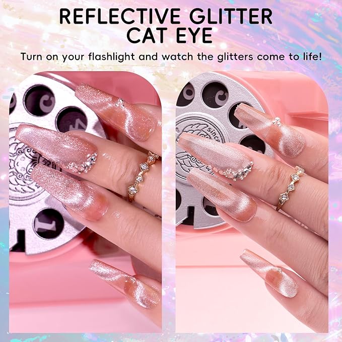 Cat Eye Gel Nail Polish, 28Pcs Glitter Pink Red Purple Green Blue Silver Sparkle Colors Gel Nail polish Set with Magnet Base Top Coat Soak Off UV LED Light Nail Art Salon Manicure DIY Home