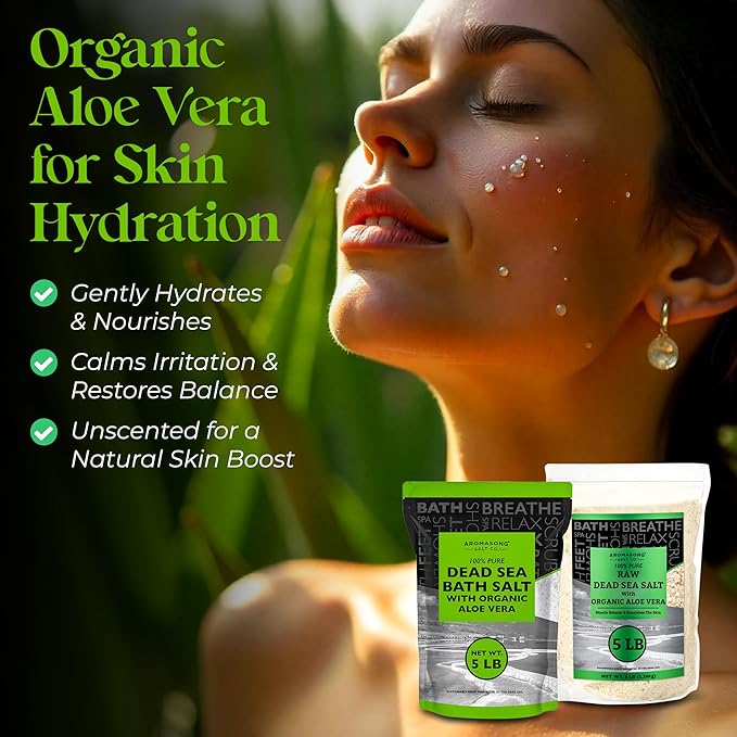 Aromasong 5 lbs Raw Dead Sea Salt with Organic Aloe Vera, not Cleaned, Still Contains All Dead sea Minerals Including Dead sea Mud, Fine Medium Grain Large resealable Bulk Pack (Packaging May Vary)