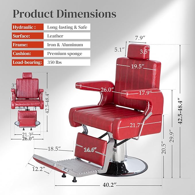 FHFO Barber Salon Hair Chairs for Barbershop, Hydraulic Barber Chair 360° Swivel Reclining, Adjustable PU Leather Beauty Styling Salon Chair for Barbershop Spa Red/Silver