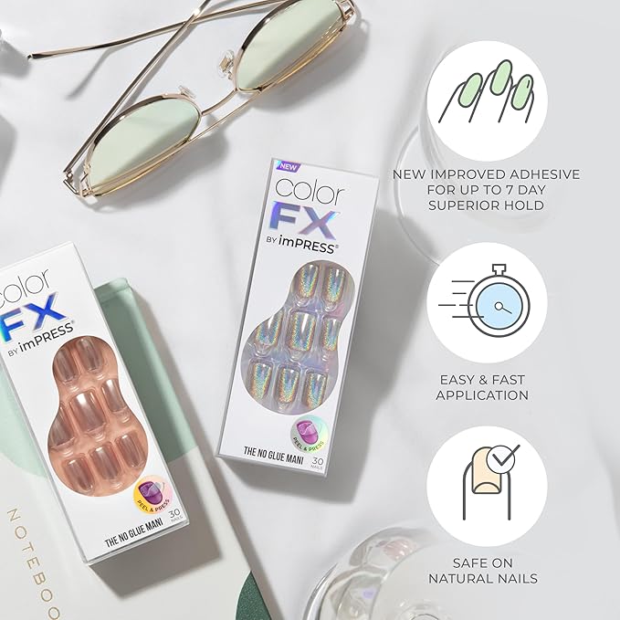 KISS imPRESS No Glue Mani Press On Nails, Color FX, 'Pop Star', Light Pink, Short Size, Squoval Shape, Includes 30 Nails, Prep Pad, Instructions Sheet, 1 Manicure Stick, 1 Mini File