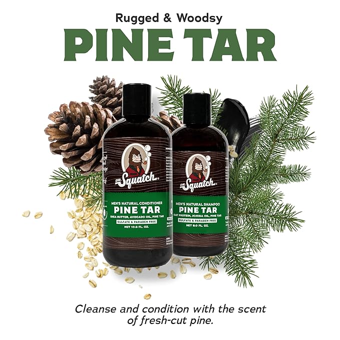 Dr. Squatch Natural Hair Bundle for Men - Healthy, Full Looking Hair - Pine Tar Shampoo (8 fl oz), Pine Tar Conditioner (11.5 fl oz)