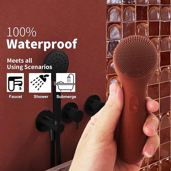 Silicone Face Scrubber, NågraCoola CLIE 2.0 Facial Cleansing Brush, Rechargeable, Waterproof Face Scrub Brush for Cleansing, Exfoliating, Massaging, Electric Facial Exfoliator for Women and Men-Russet