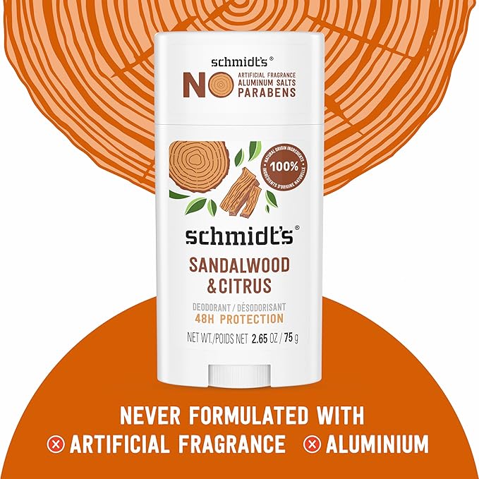 Schmidt's Aluminum-Free Vegan Deodorant Sandalwood & Citrus for Women and Men, with 24 Hour Odor Protection, Natural Ingredients, Cruelty-Free, 2.65 oz