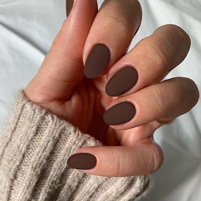 Matte Brown Press on Nails - Short Almond False Nails, Thick Solid Color Glue, Medium Oval Round Shaped Nails for Women, Natural Acrylic Gel Finish
