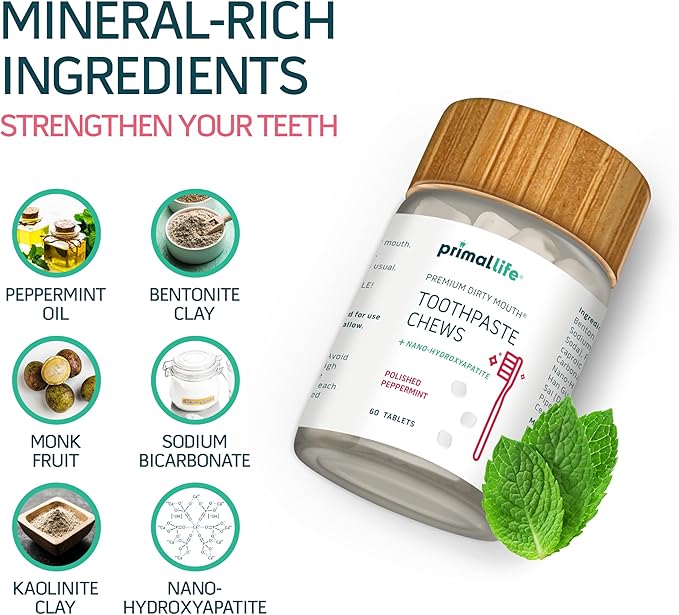 Primal Life Organics Premium Dirty Mouth Toothpaste Chews – Nano-Hydroxyapatite Whitening Toothpaste Tablets for Adults - Gluten Free, Vegan, Paleo - 60 Tablets in Jar - Polished Peppermint